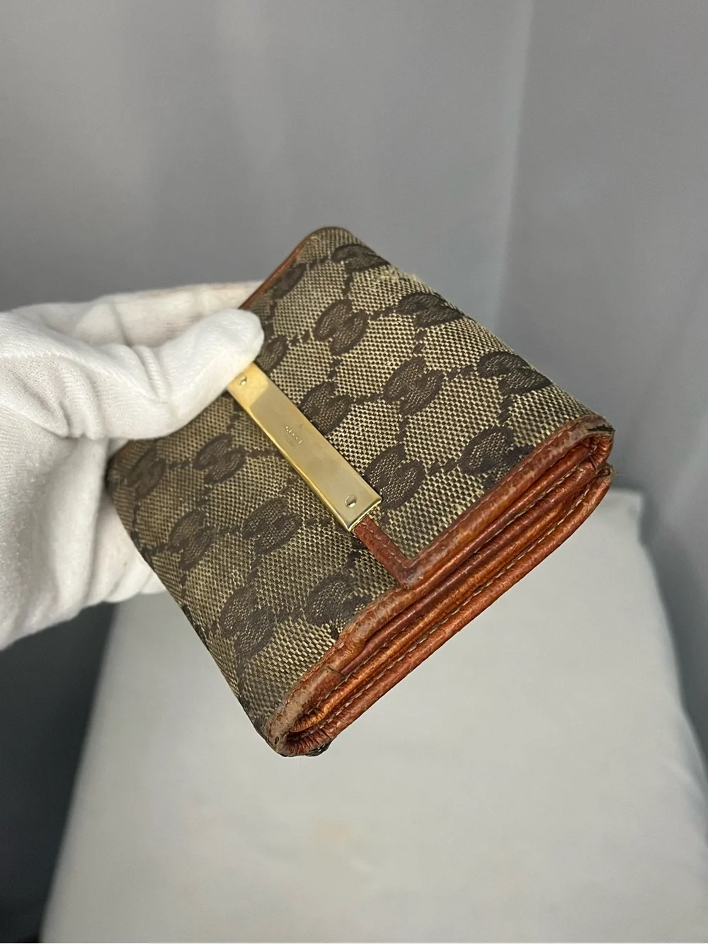 Gucci GG Canvas Bifold Wallet - Brown with Tan Trim & Gold Plate
